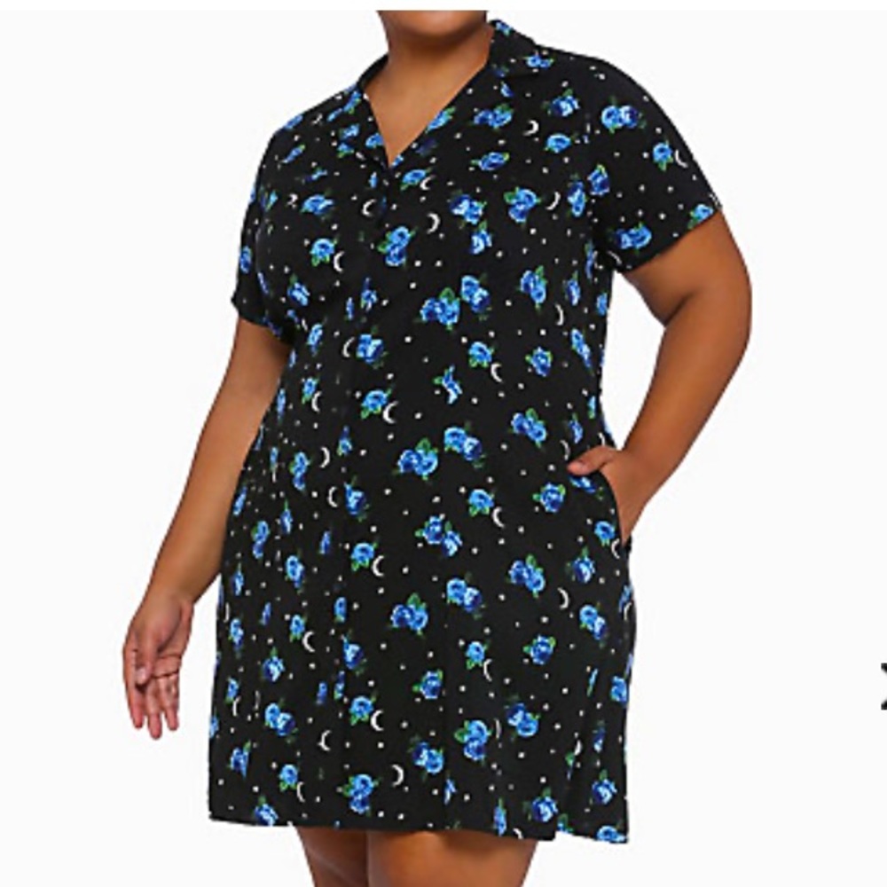 Hot Topic Blue Rose Black Button down Dress